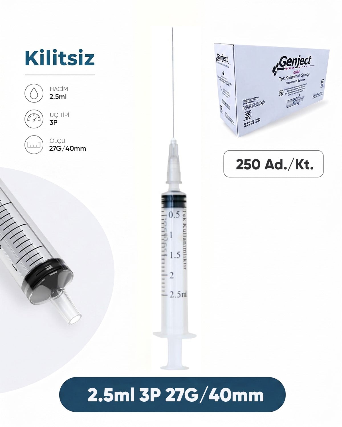 02,5 ml. , 3 Parçalı , 27G (0.41mm.), 40mm,Gri İğneli Dental Şırınga, LUER-SLIP Kilitsiz Dental Enjektör  250 Ad./Pkt.