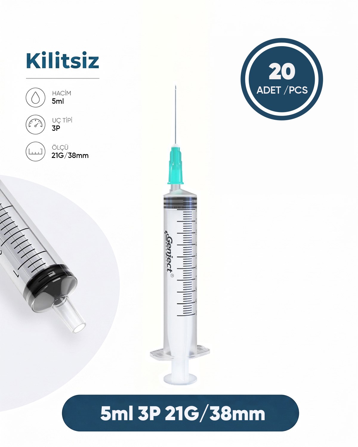 05 ml. , 3 Parçalı , 21G (0.82mm.), 38mm,Açık Yeşil İğneli Şırınga, Enjektör 1 Ad./Pkt.