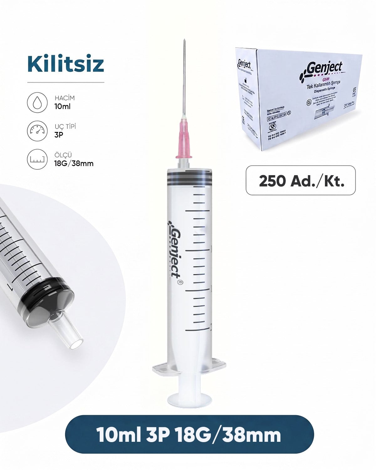 10 ml. , 3 Parçalı , 18G (1.27mm.), 38mm,Pembe İğneli Şırınga, Enjektör 250 Ad./Pkt.