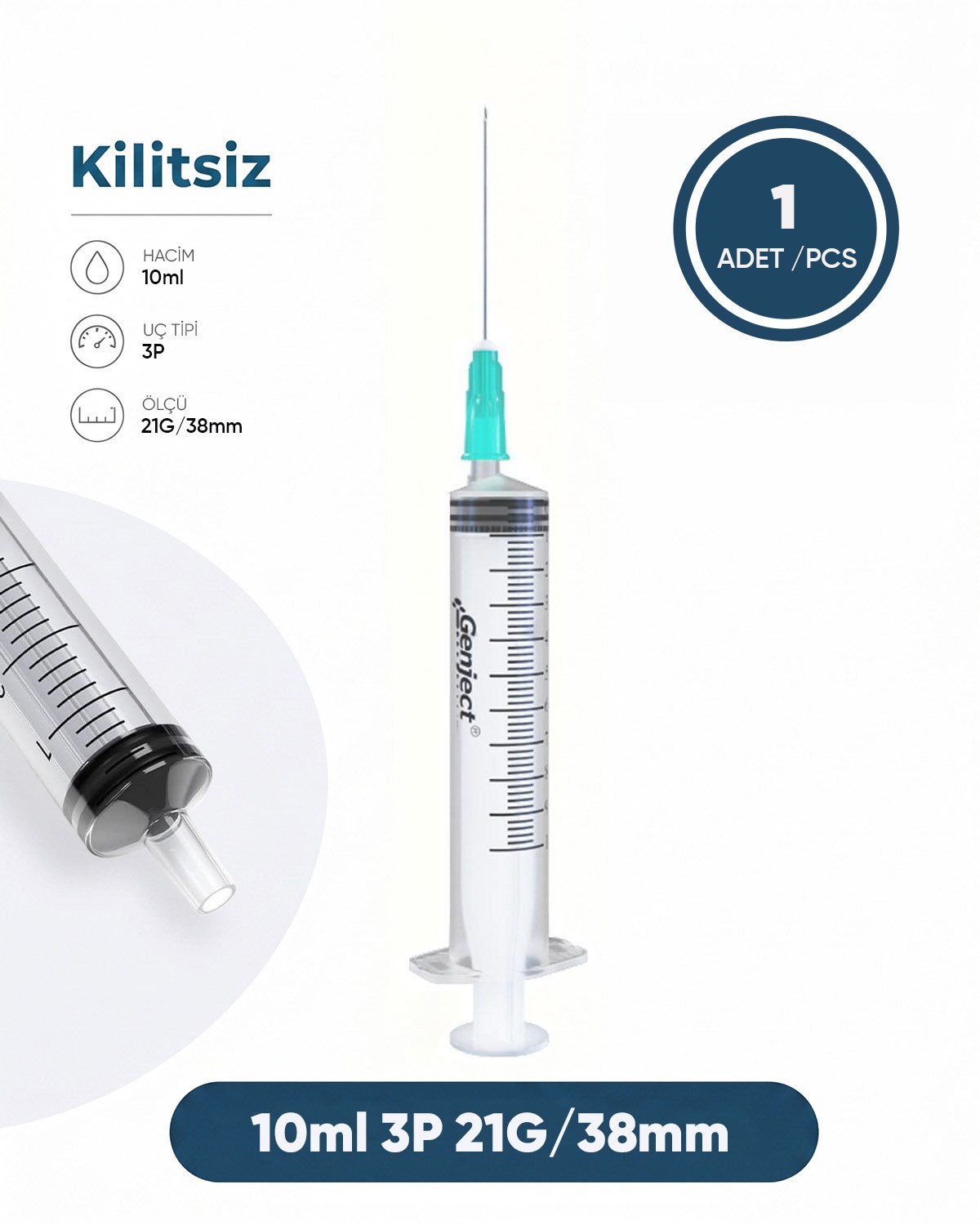 10 ml. , 3 Parçalı , 21G (0.82mm.), 38mm,Açık Yeşil İğneli Şırınga, Enjektör 1 Ad./Pkt.