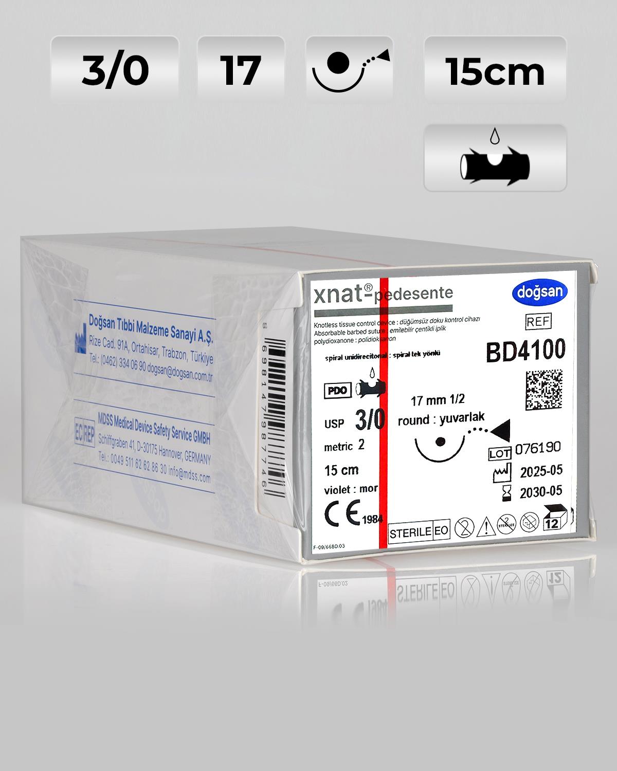 BD4100 DOĞSAN Pedesente 3/0 17 1/2 Yuvarlak (●) 15cm PDO Emilebilir Sütür Çentikli Sütür ,12 Ad./Pkt