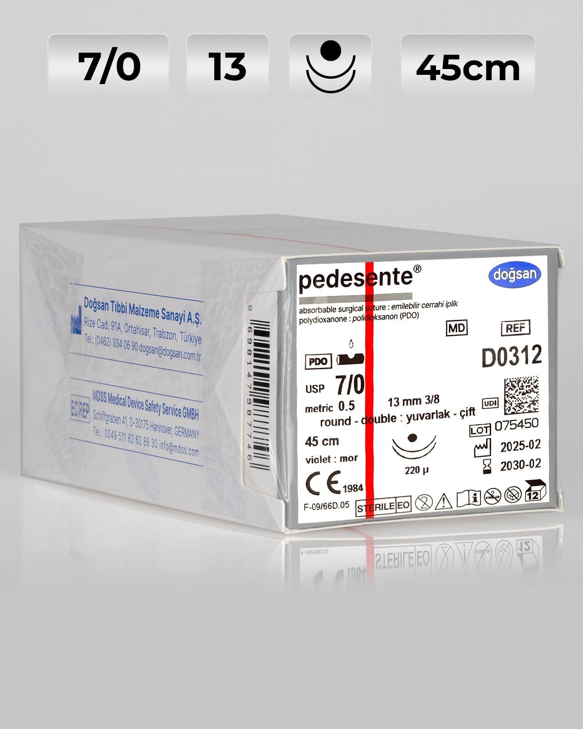 D0312 DOĞSAN Pedesente 7/0 13 3/8 Yuvarlak (●),çift 45cm PDO Emilebilir Sütür 12 Ad./Pkt