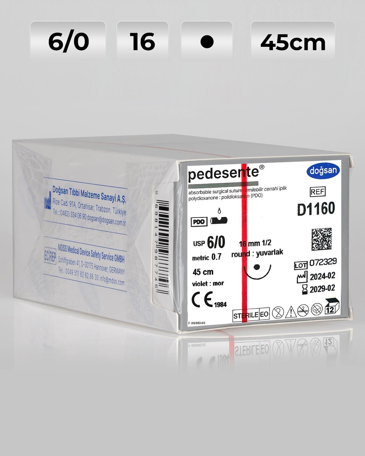 D1160 DOĞSAN Pedesente 6/0 16 1/2 Yuvarlak (●) 75cm PDO Emilebilir Sütür 12 Ad./Pkt