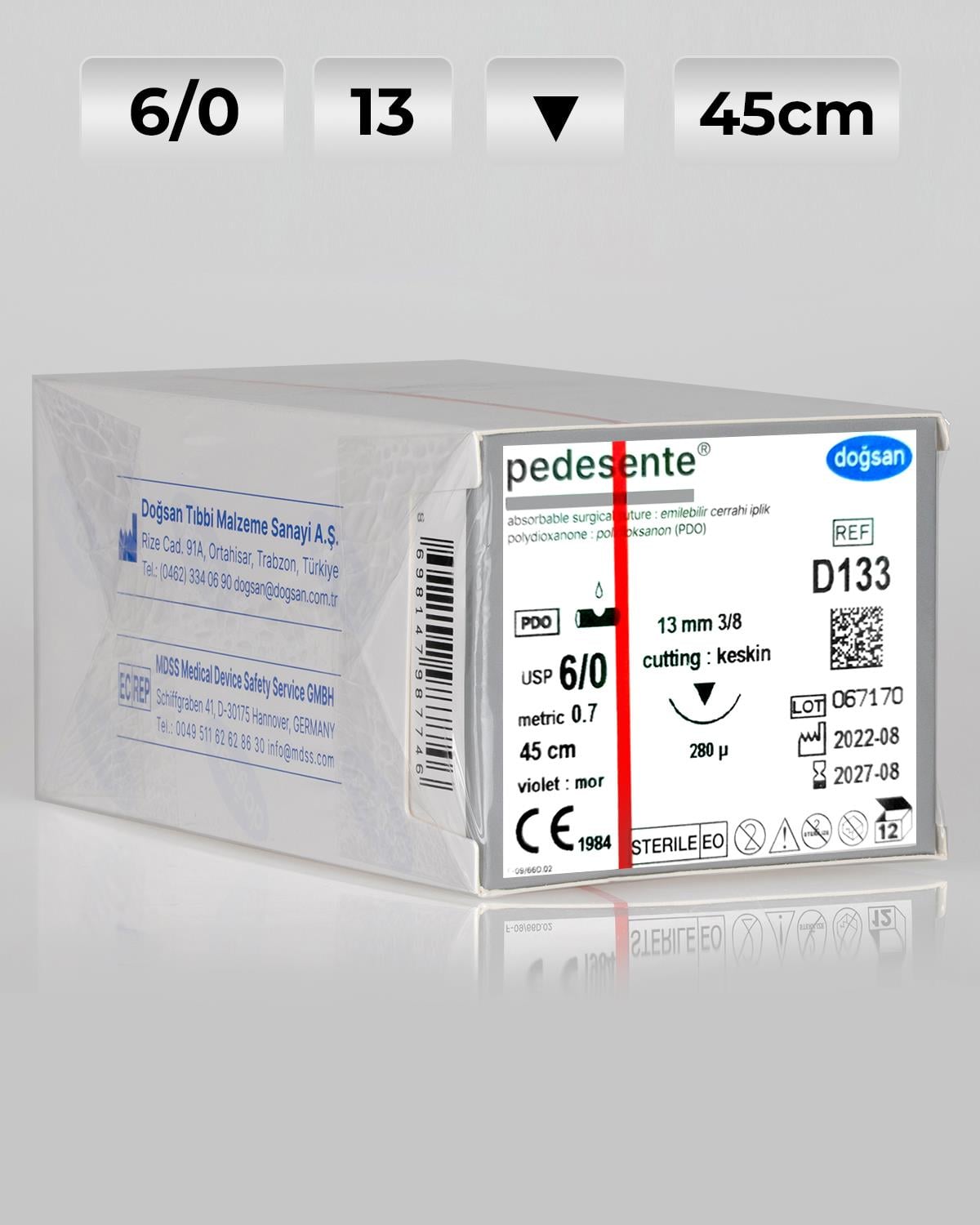 D133 DOĞSAN Pedesente 6/0 13 3/8 Keskin (▼) 45cm PDO Emilebilir Sütür 12 Ad./Pkt