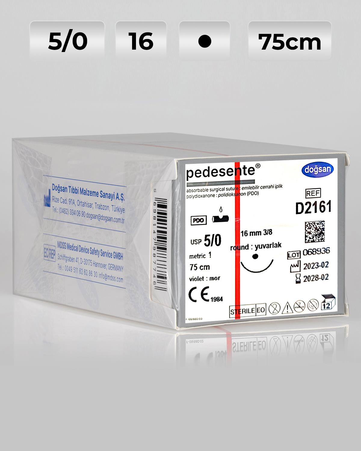 D2161 DOĞSAN Pedesente 5/0 16 3/8 Yuvarlak (●) 75cm PDO Emilebilir Sütür 12 Ad./Pkt