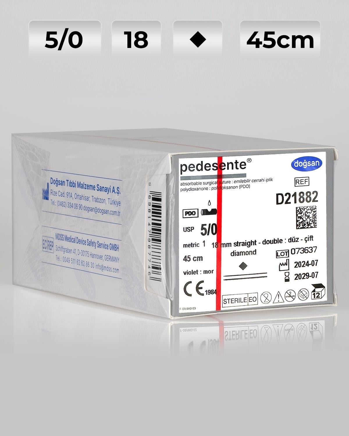 D21882 DOĞSAN Pedesente 5/0 18 1 Diamond 45cm PDO Emilebilir Sütür 12 Ad./Pkt