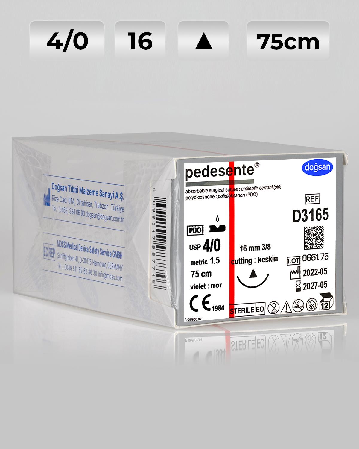 D3165 DOĞSAN Pedesente 4/0 16 3/8 Keskin (Δ) 75cm PDO Emilebilir Sütür 12 Ad./Pkt