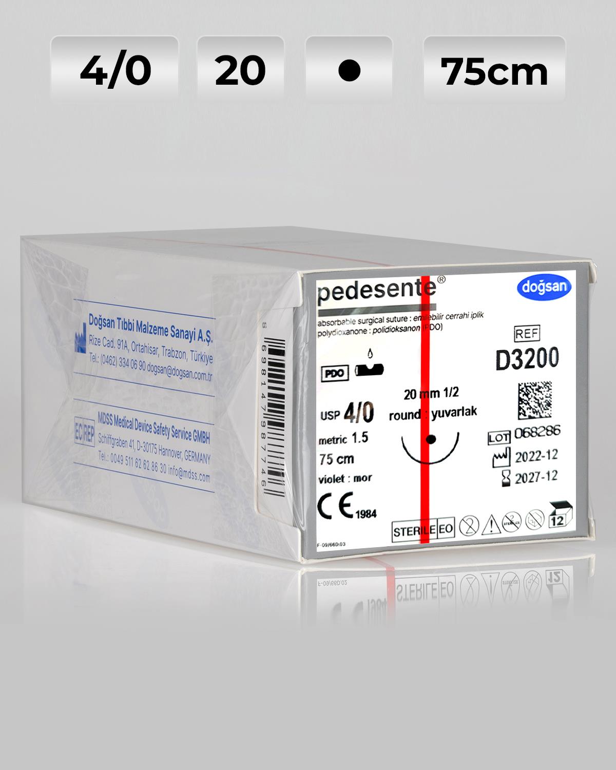 D3200 DOĞSAN Pedesente 4/0 20 1/2 Yuvarlak (●) 75cm PDO Emilebilir Sütür 12 Ad./Pkt