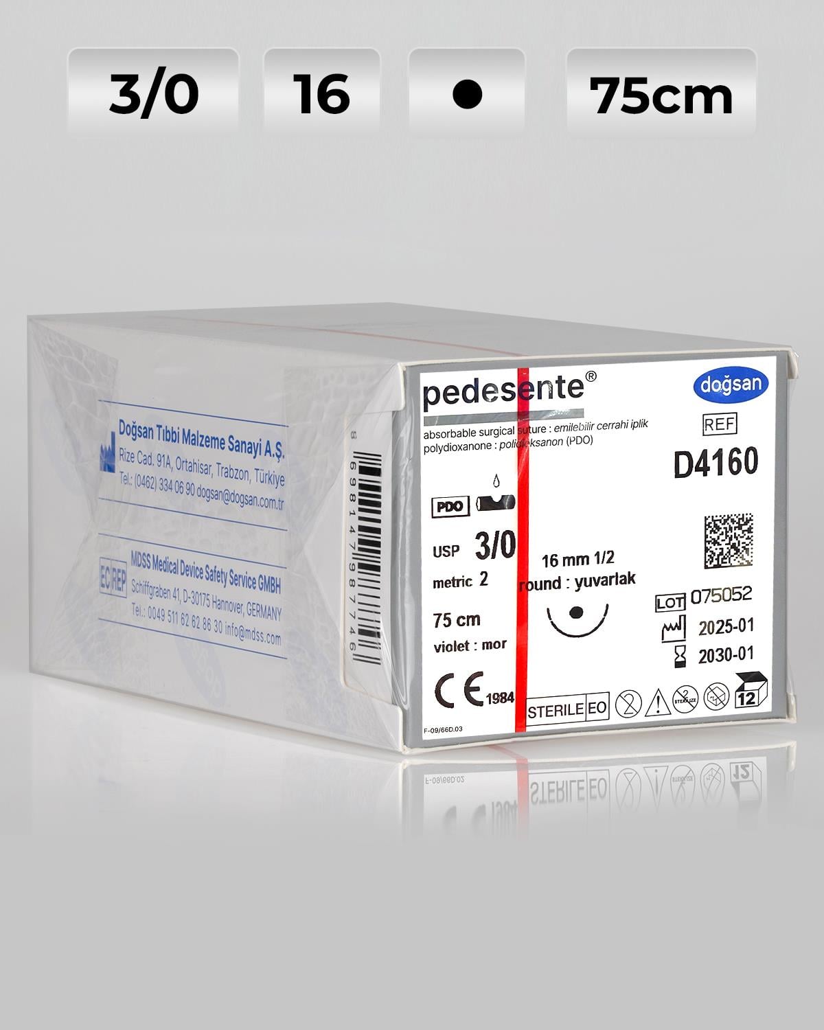 D4160 DOĞSAN Pedesente 3/0 16 1/2 Yuvarlak (●) 75cm PDO Emilebilir Sütür 12 Ad./Pkt