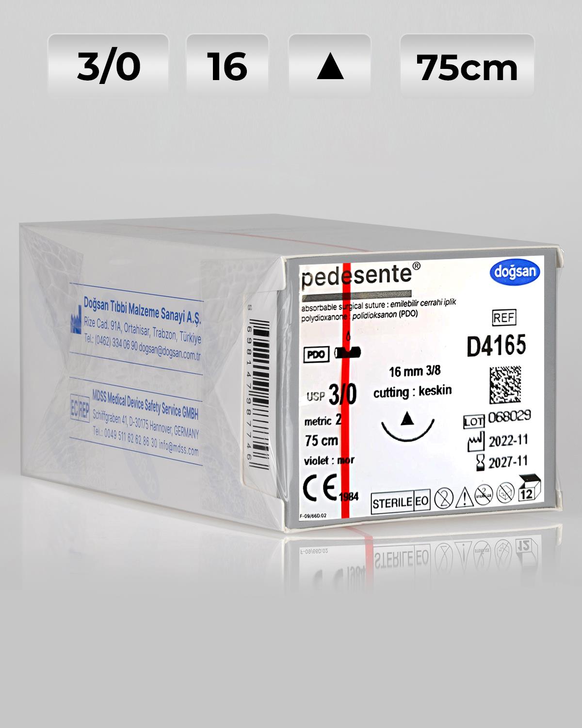 D4165 DOĞSAN Pedesente 3/0 16 3/8 Keskin (Δ) 75cm PDO Emilebilir Sütür 12 Ad./Pkt