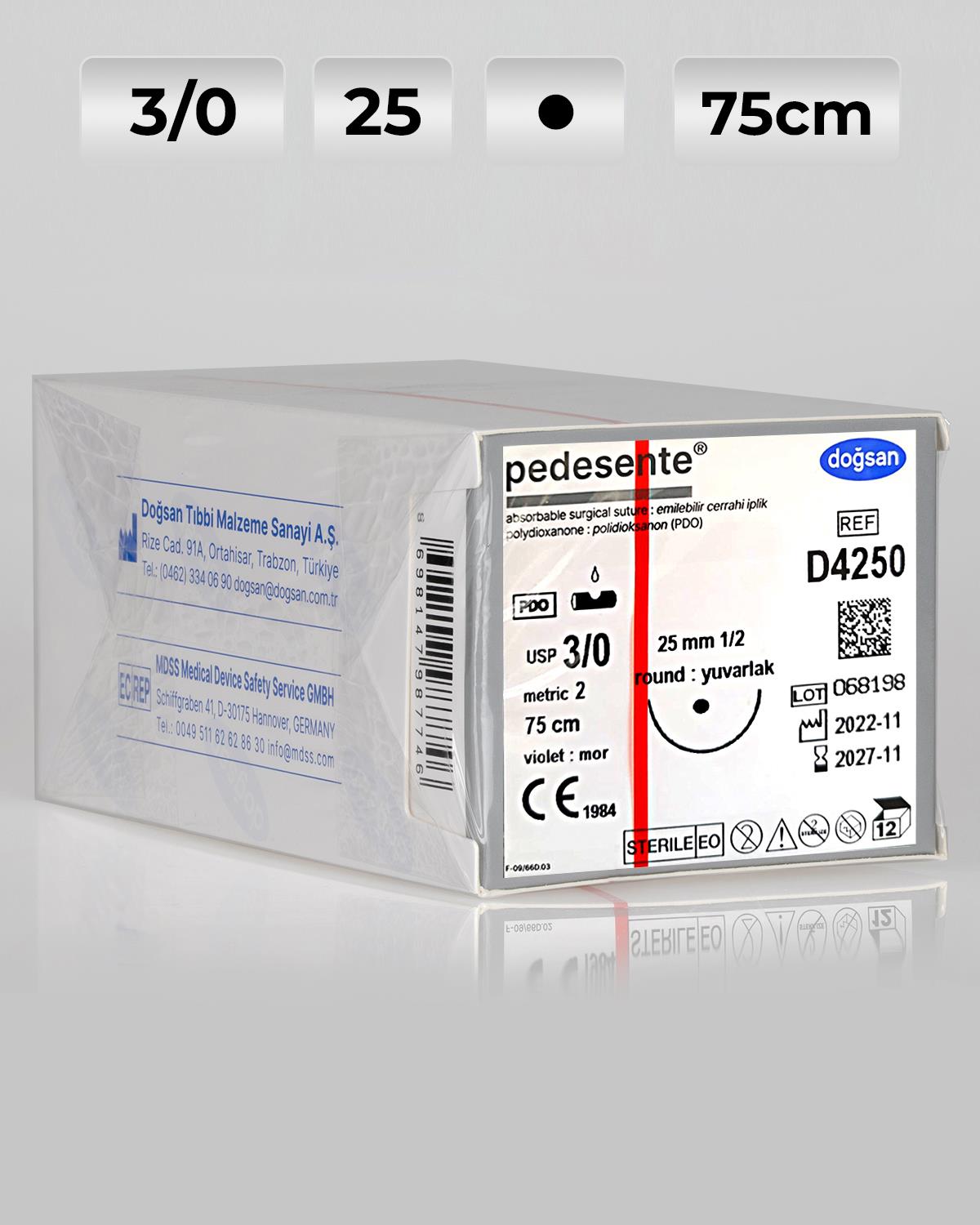 D4250 DOĞSAN Pedesente 3/0 25 1/2 Yuvarlak (●) 75cm PDO Emilebilir Sütür 12 Ad./Pkt