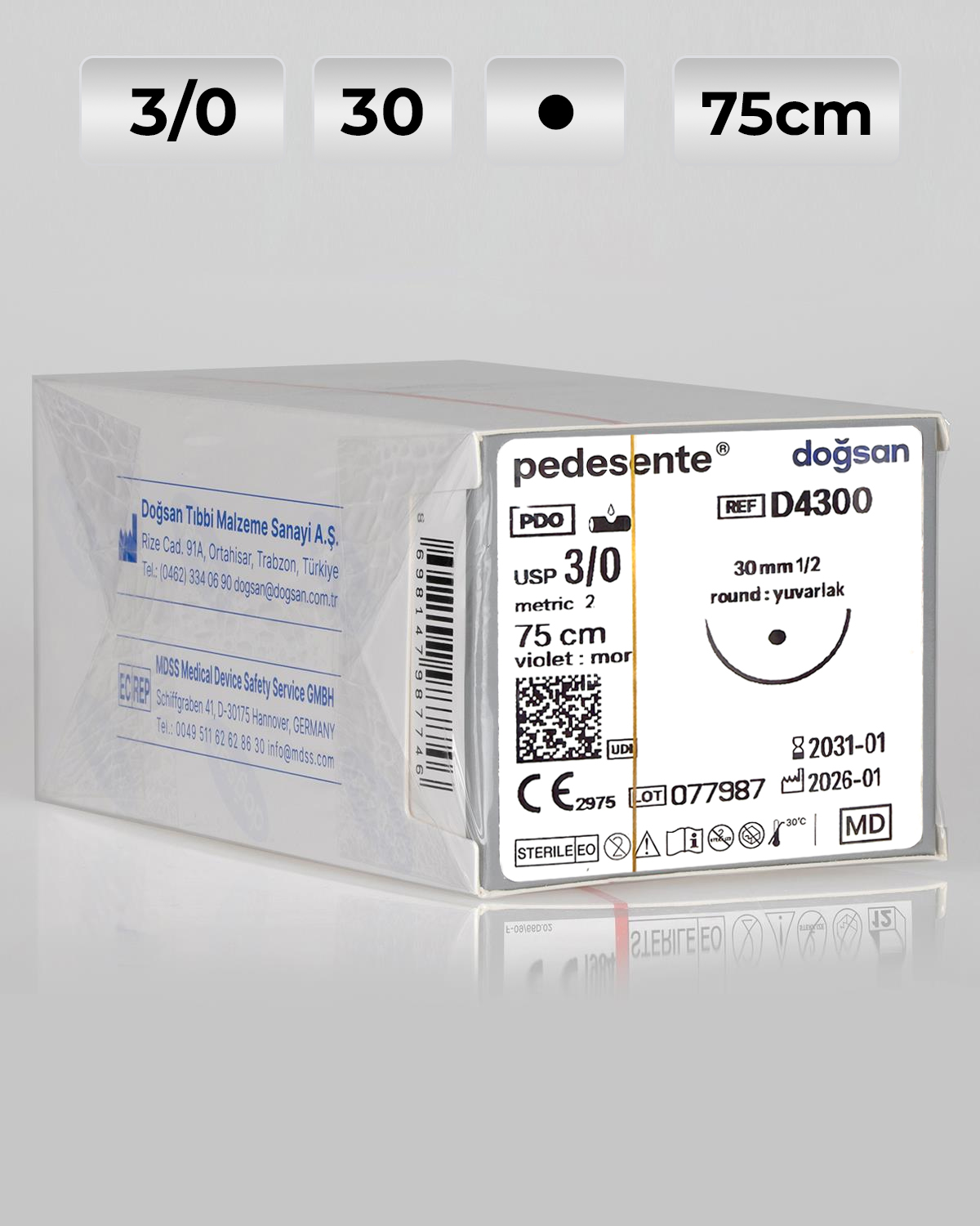 D4300 DOĞSAN Pedesente 3/0 30 1/2 Yuvarlak (●) 75cm PDO Emilebilir Sütür 12 Ad./Pkt
