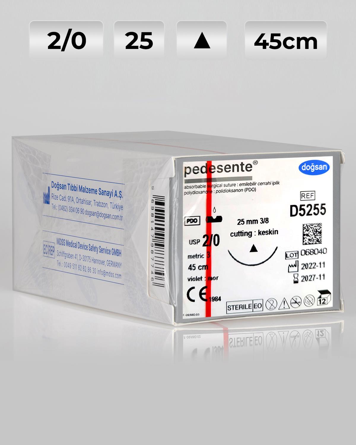D5255 DOĞSAN Pedesente 2/0 25 3/8 Keskin (Δ) 45cm PDO Emilebilir Sütür 12 Ad./Pkt