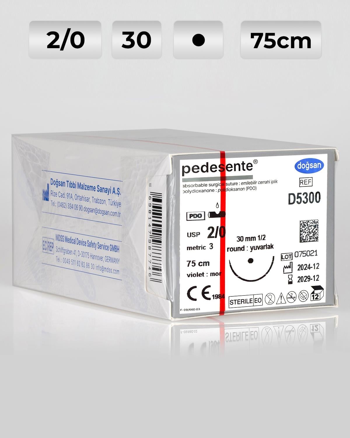 D5300 DOĞSAN Pedesente 2/0 30 1/2 Yuvarlak (●) 75cm PDO Emilebilir Sütür 12 Ad./Pkt