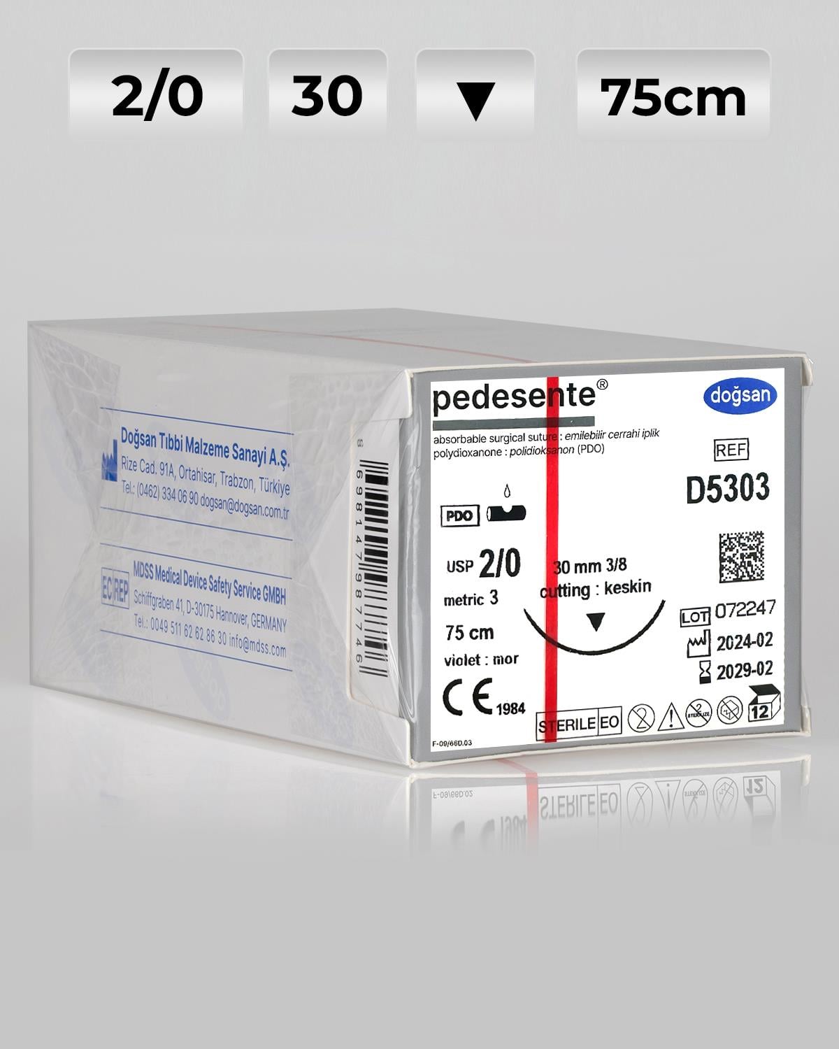 D5303 DOĞSAN Pedesente 2/0 30 3/8 Keskin (▼) 75cm PDO Emilebilir Sütür 12 Ad./Pkt