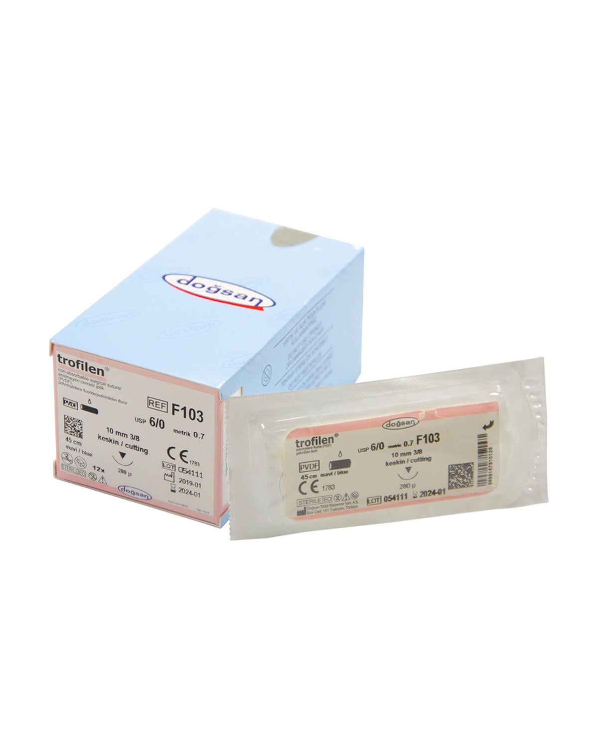 F103 Trofilen 6/0 10 3/8 Keskin (▼) 45cm PVDF Emilemeyen Sütür 12 Ad./Pkt