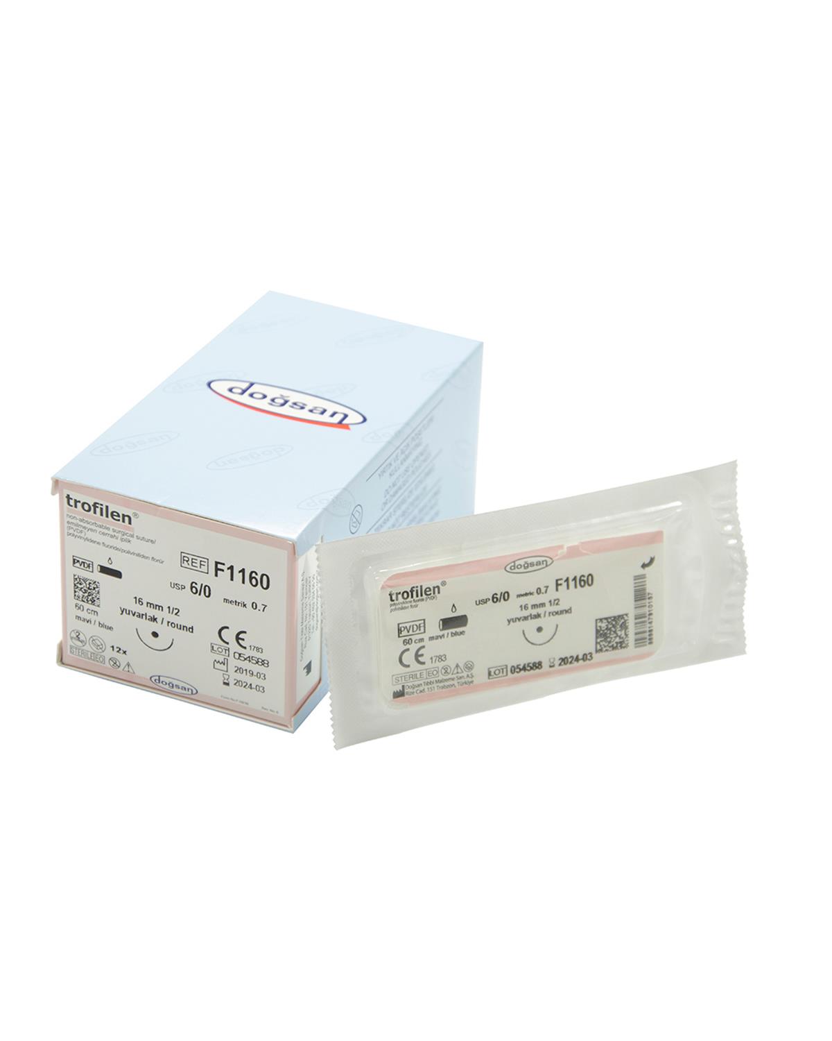 F1160 Trofilen 6/0 16 1/2 Yuvarlak (●) 60cm PVDF Emilemeyen Sütür 12 Ad./Pkt