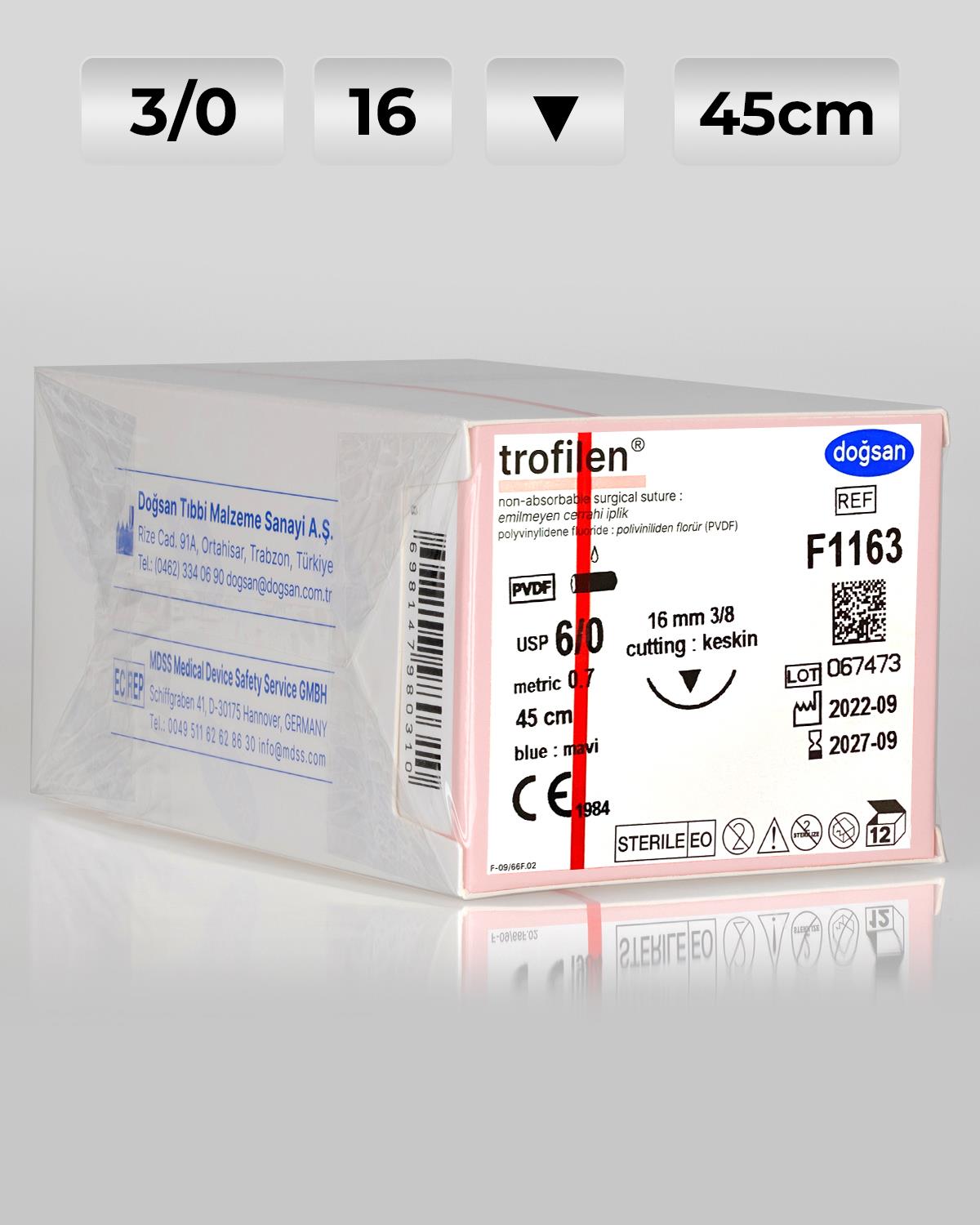 F1163 DOĞSAN Trofilen 6/0 16 3/8 Keskin (▼) 45cm PVDF Emilemeyen Sütür 12 Ad./Pkt