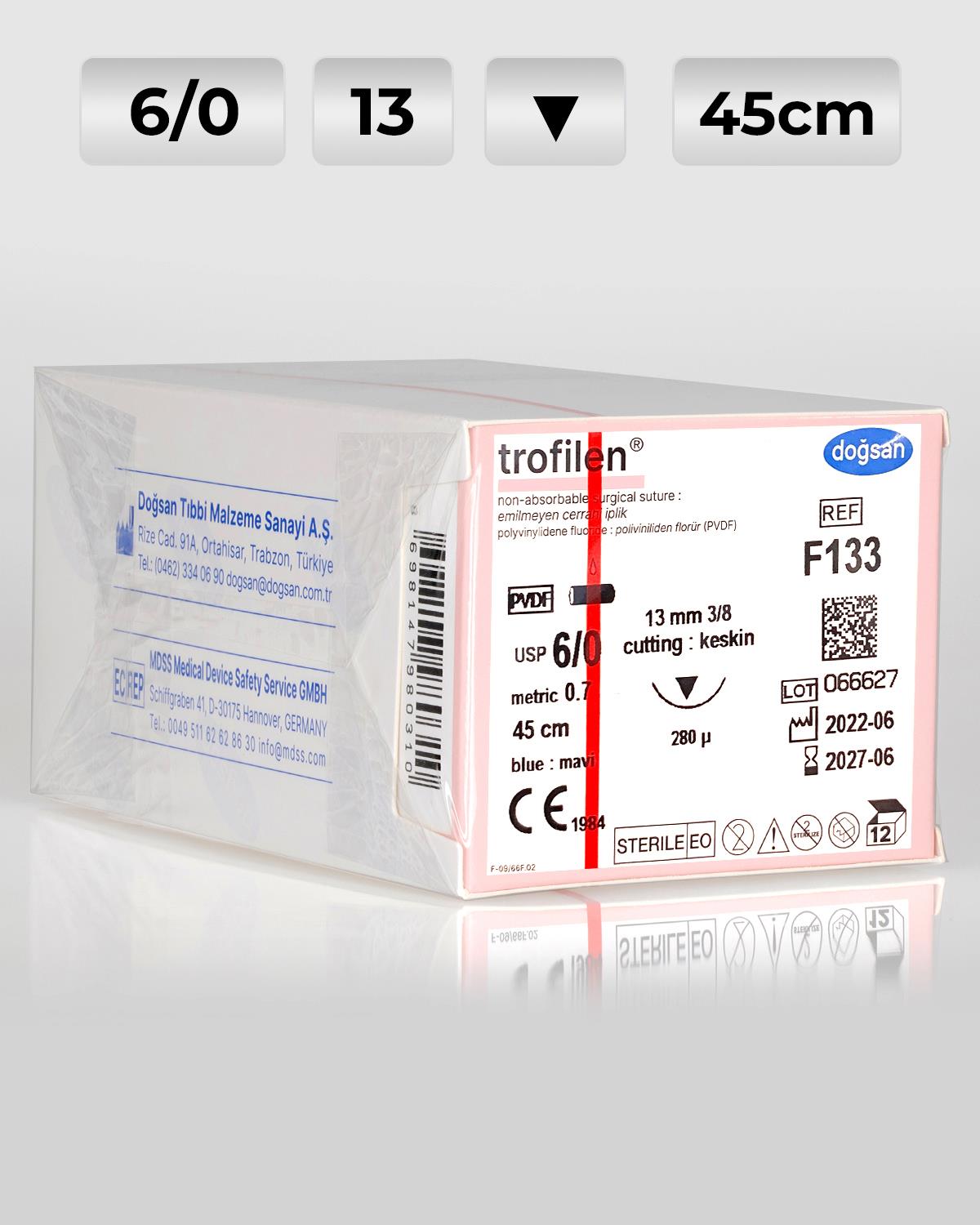 F133 DOĞSAN Trofilen 6/0 13 3/8 Keskin (▼) 45cm PVDF Emilemeyen Sütür 12 Ad./Pkt