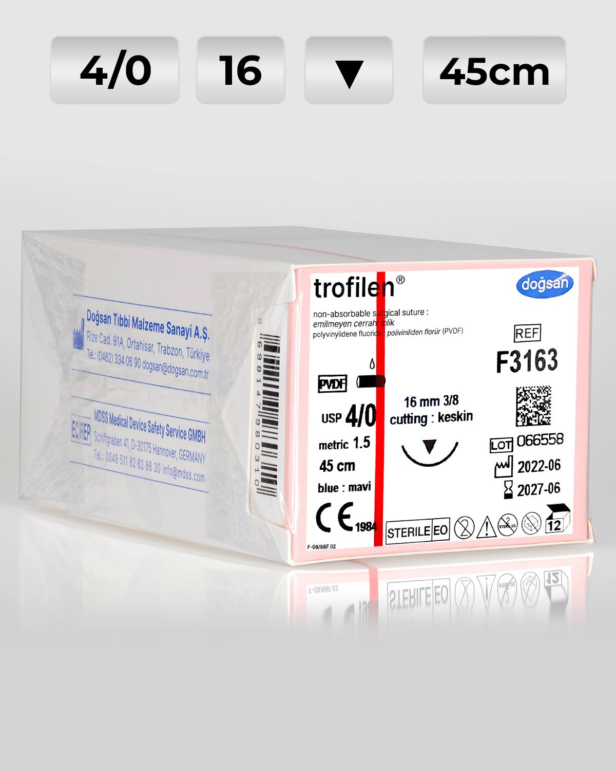 F3163 DOĞSAN Trofilen 4/0 16 3/8 Keskin (▼) 45cm PVDF Emilemeyen Sütür 12 Ad./Pkt