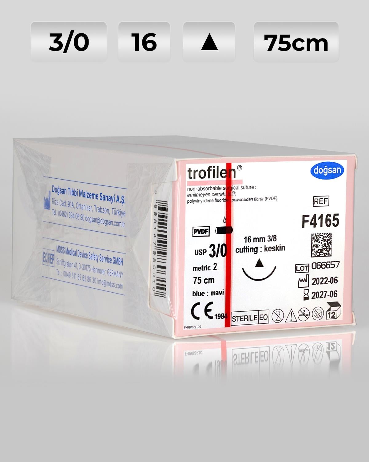 F4165 DOĞSAN Trofilen 3/0 16 3/8 Keskin (Δ) 75cm PVDF Emilemeyen Sütür 12 Ad./Pkt