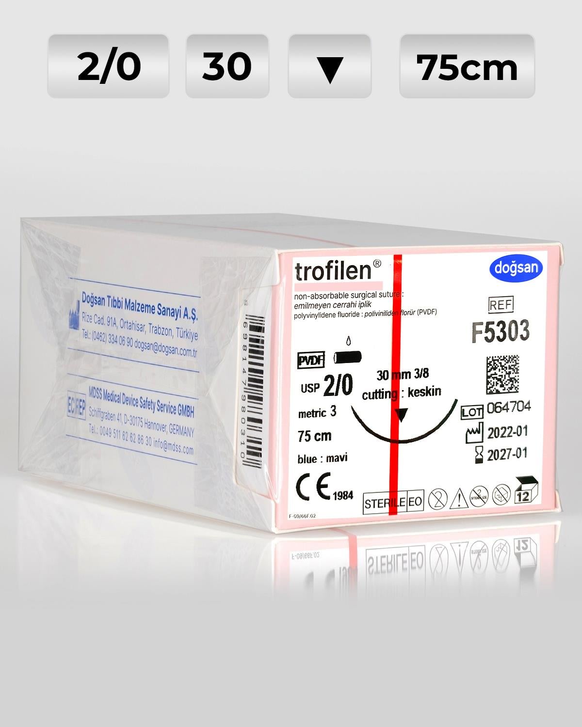 F5303 DOĞSAN Trofilen 2/0 30 3/8 Keskin (▼) 75cm PVDF Emilemeyen Sütür 12 Ad./Pkt