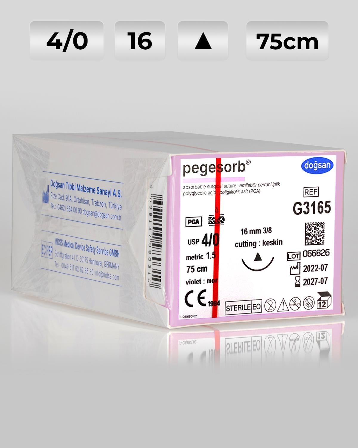 G3165 DOĞSAN Pegesorb 4/0 16 3/8 Keskin (Δ) 75cm PGA Emilebilir Sütür 12 Ad./Pkt