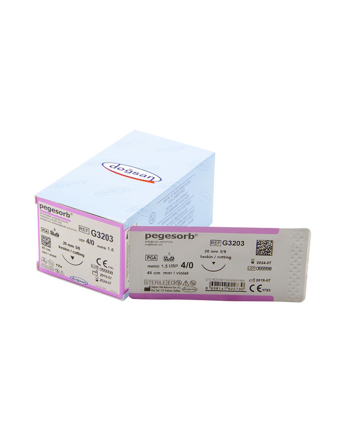 G3203 Pegesorb 4/0 20 3/8 Keskin (▼) 45cm PGA Emilebilir Sütür 12 Ad./Pkt
