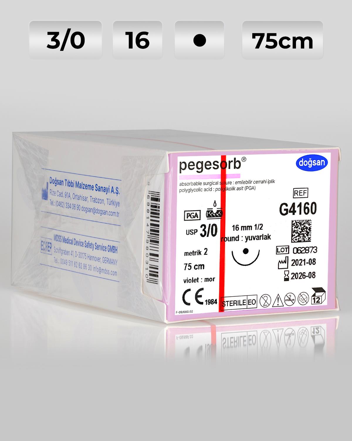 G4160 DOĞSAN Pegesorb 3/0 16 1/2 Yuvarlak (●) 75cm PGA Emilebilir Sütür 12 Ad./Pkt