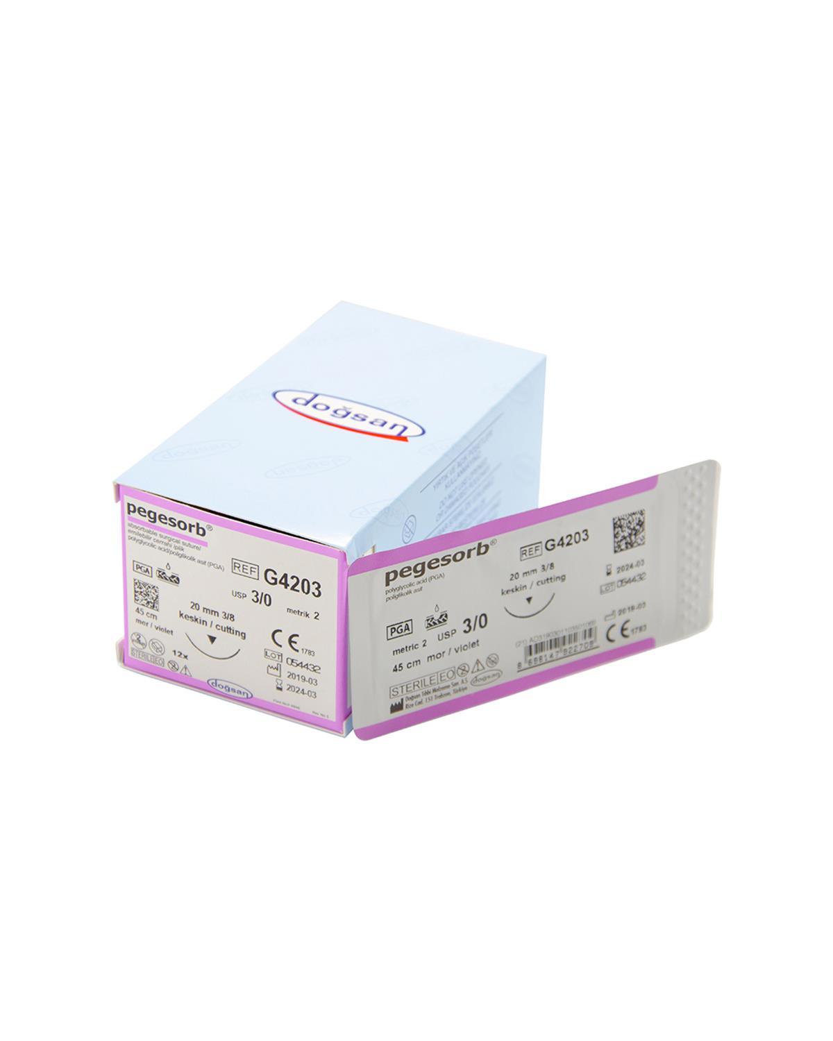 G4203 Pegesorb 3/0 20 3/8 Keskin (▼) 45cm PGA Emilebilir Sütür 12 Ad./Pkt