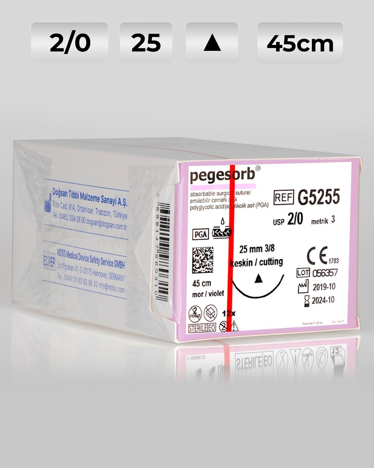 G5255 DOĞSAN Pegesorb 2/0 25 3/8 Keskin (Δ) 45cm PGA Emilebilir Sütür 12 Ad./Pkt