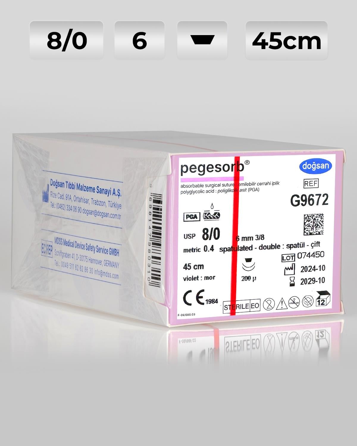 G9672 DOĞSAN Pegesorb 8/0 6 3/8 Spatül 45cm PGA Emilebilir Sütür 12 Ad./Pkt