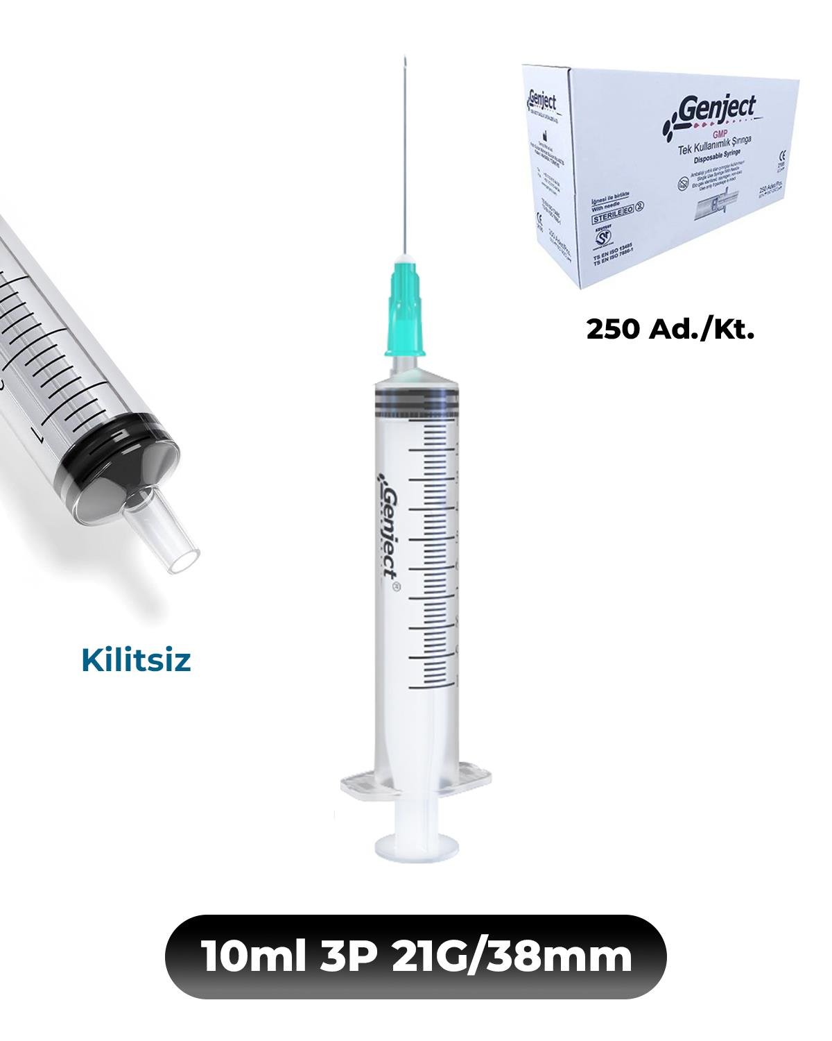 Genject 10 ml. , 3 Parçalı , 21G (0.82mm.), 38mm,Yeşil İğneli Şırınga, Enjektör 250 Ad./Kt.