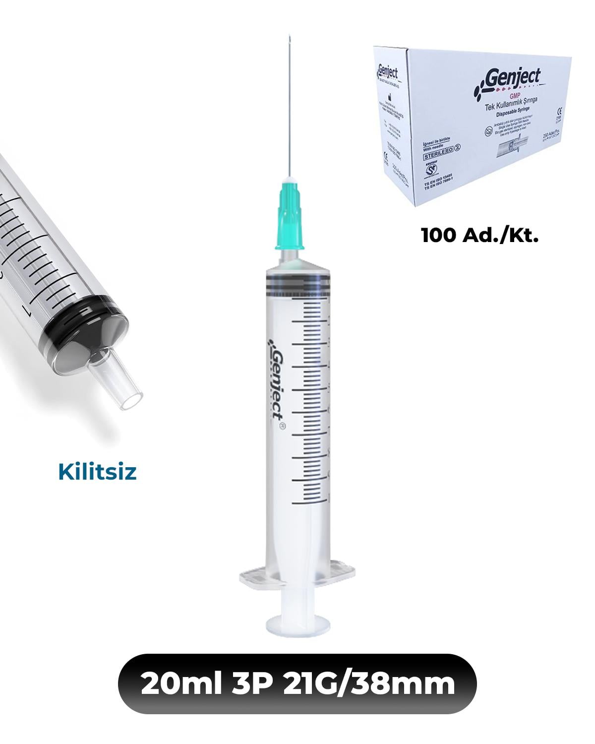Genject 20 ml. , 3 Parçalı , 21G (0.82mm.), 38mm,Yeşil İğneli Şırınga, Enjektör 100 Ad./Kt.