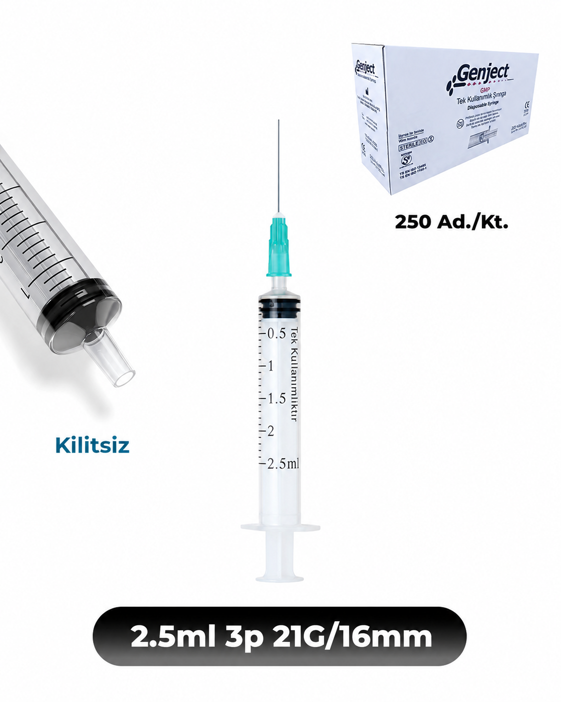 Genject 2,5 ml. , 3 Parçalı , 21G (0.82mm.), 16mm,Yeşil İğneli Şırınga, Enjektör 250 Ad./Kt. (K:1000)- 152MML087