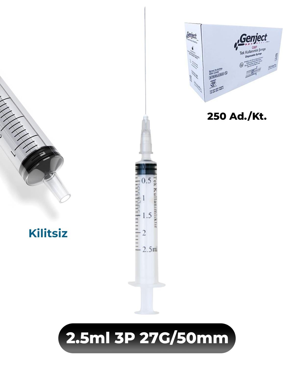 Genject 2,5 ml. , 3 Parçalı , 27G (0.41mm.), 50mm,Gri İğneli Dental Şırınga, LUER-SLIP Kilitsiz Dental Enjektör 250 Ad./Kt.