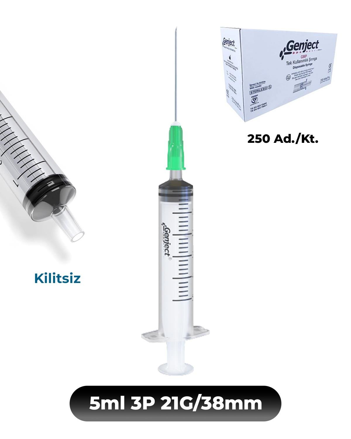 Genject 5 ml. , 3 Parçalı , 21G (0.82mm.), 38mm,Yeşil İğneli Şırınga, Enjektör 250 Ad./Kt.