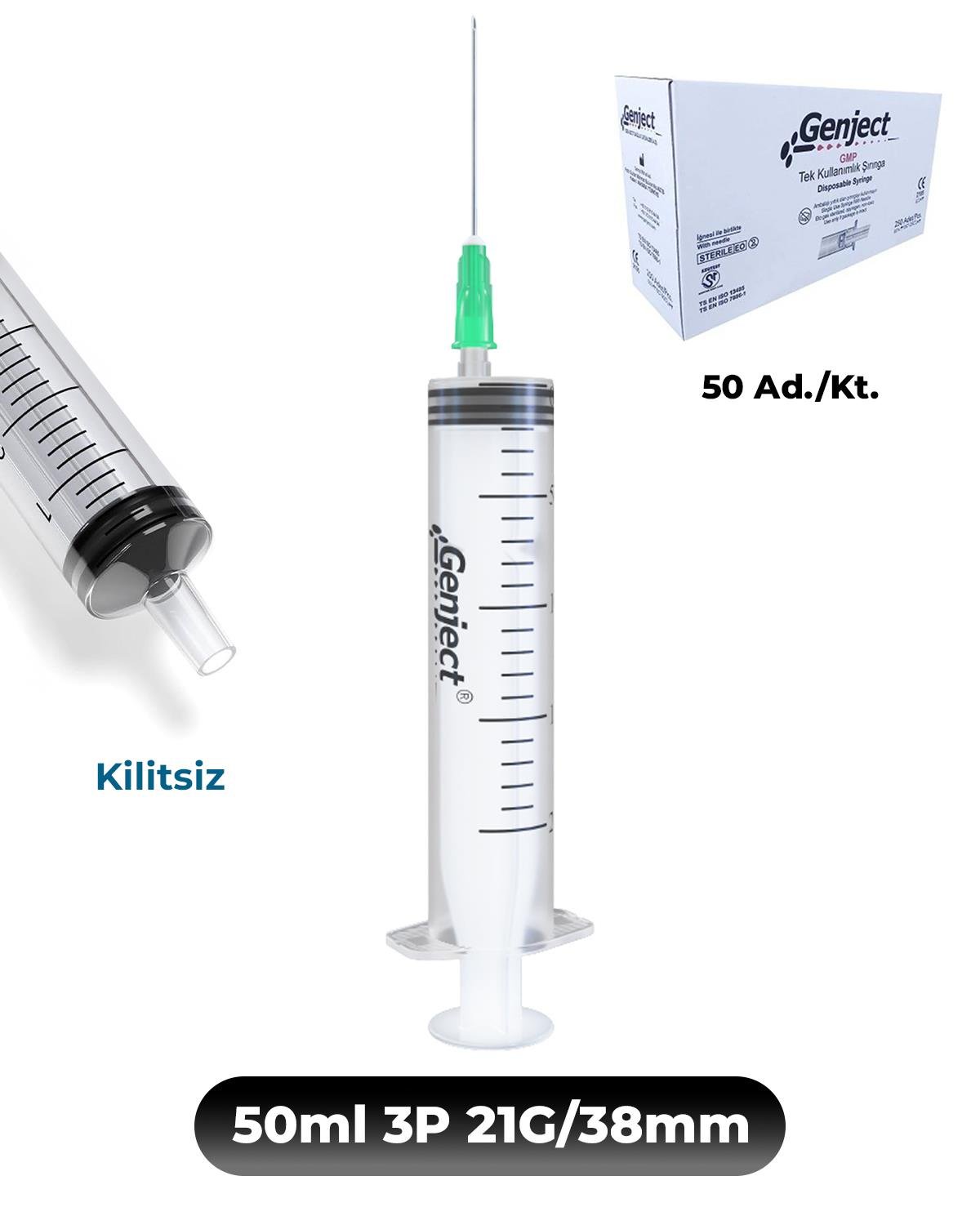 Genject 50 ml. , 3 Parçalı , 21G (0.82mm.), 38mm,Yeşil İğneli Şırınga, Enjektör 50 Ad./Kt.