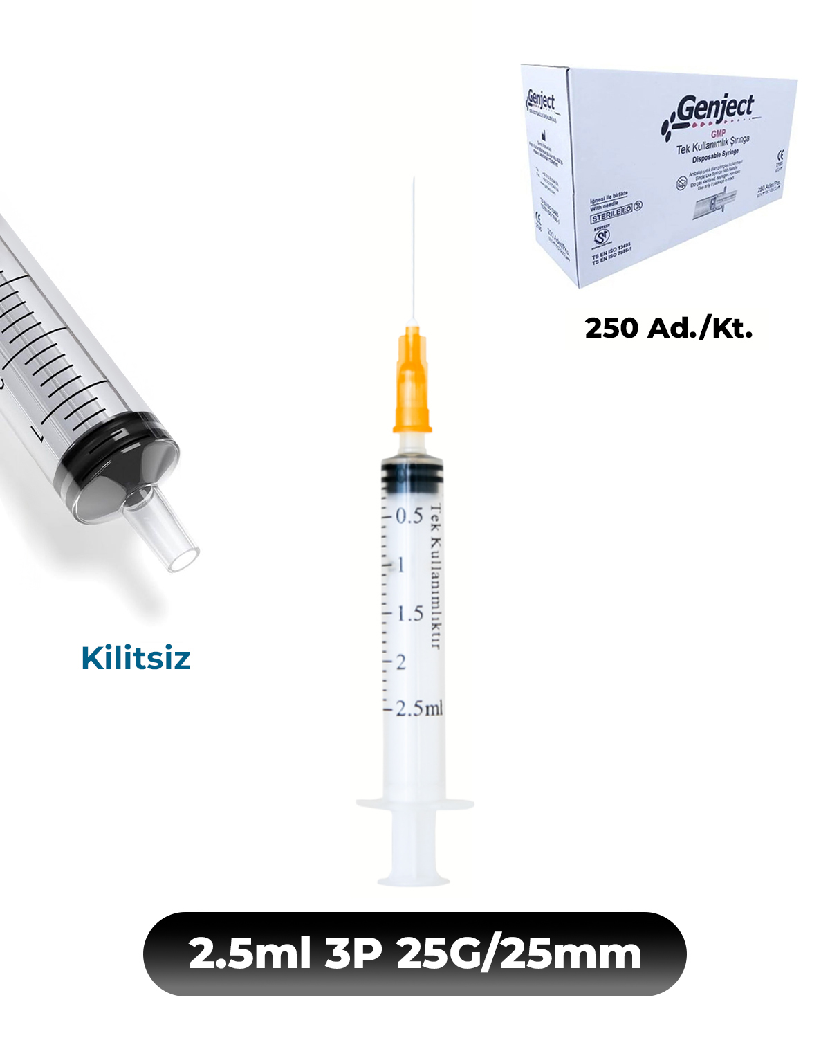 Genject  Kilitsiz (Luer Slip) Enjektör ve İğneler 25G (0-51mm-) 25mm 250- 152MML012