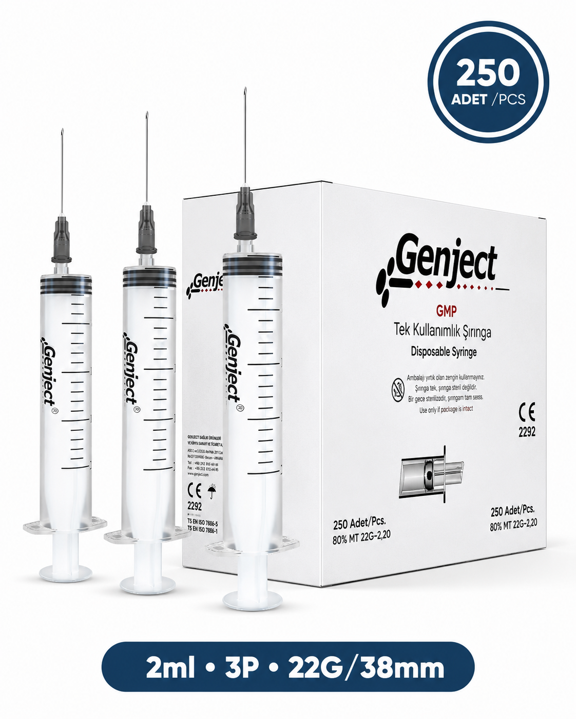 Genject  Kilitsiz (Luer Slip) Enjektör ve İğneler 22G (0-72mm-) 38mm 250- 152MML008