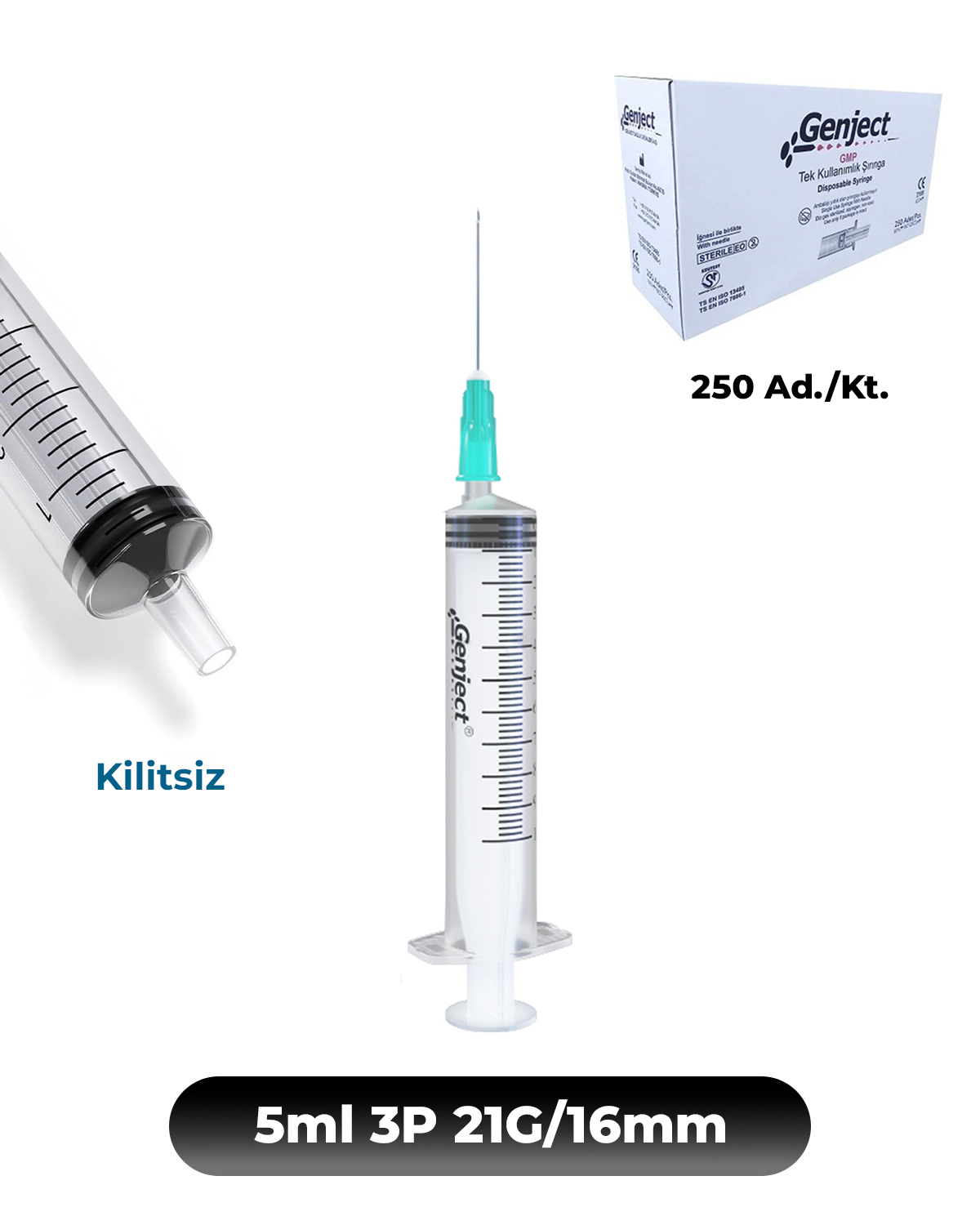 Genject  Kilitsiz (Luer Slip) Enjektör ve İğneler 21G (0-82mm-) 16mm 250- 152MML098