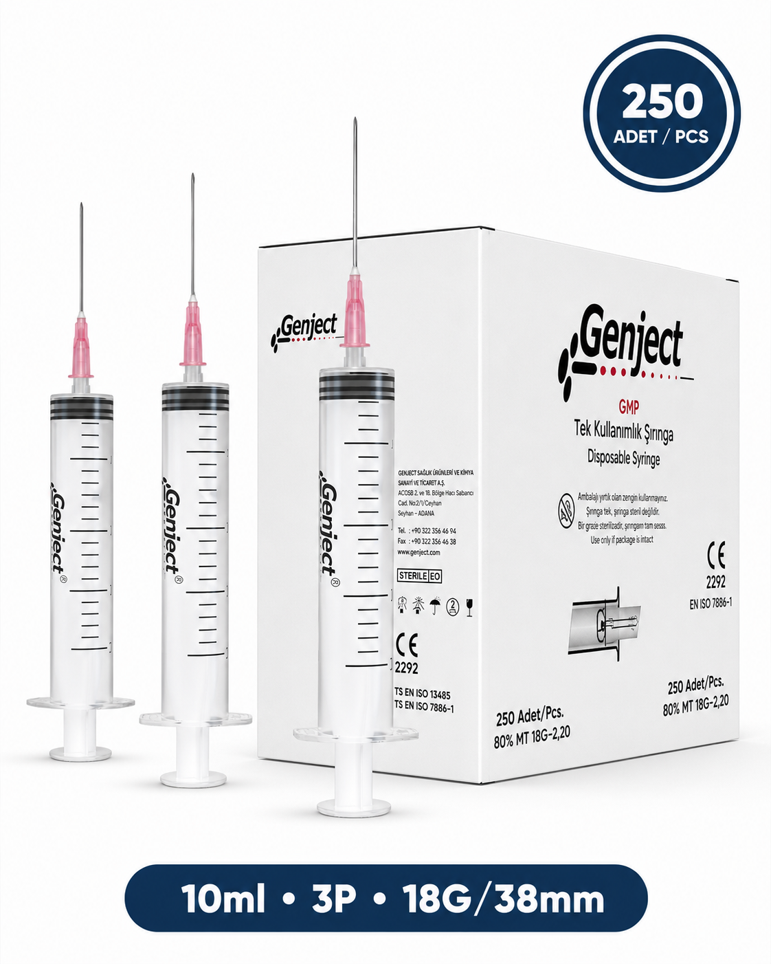 Genject  Kilitsiz (Luer Slip) Enjektör ve İğneler 18G (1-27mm-) 38mm 250- 152MML029