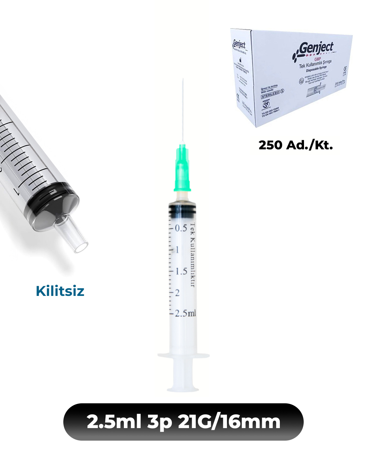 Genject  Kilitsiz (Luer Slip) Enjektör ve İğneler 21G (0-82mm-) 16mm 250- 152MML087