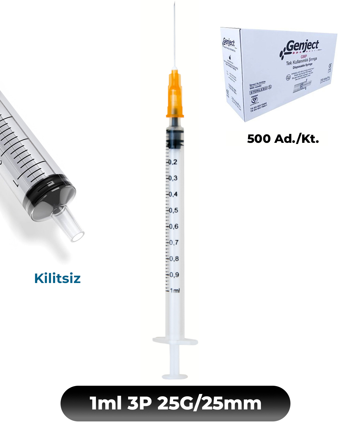 Genject  Kilitsiz (Luer Slip) Enjektör ve İğneler 25G (0-51mm-) 25mm 500- 152MML133