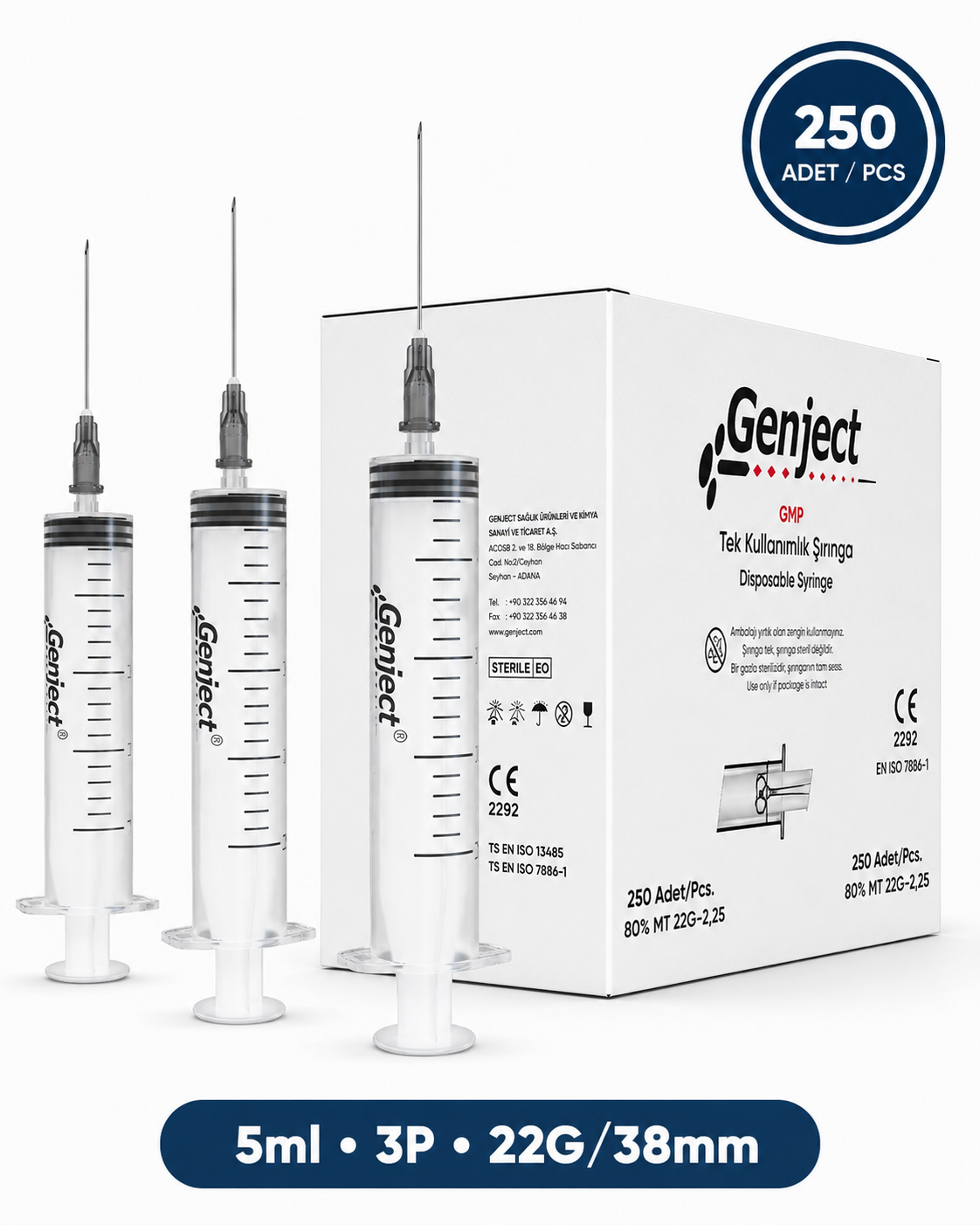 Genject  Kilitsiz (Luer Slip) Enjektör ve İğneler 22G (0-72mm-) 38mm 250- 152MML021