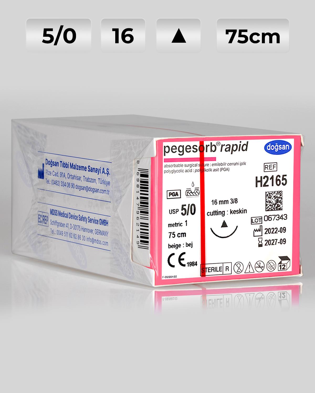 H2165 DOĞSAN Pegesorb Rapid 5/0 16 3/8 Keskin (Δ) 75cm PGLA Emilebilir Sütür 12 Ad./Pkt