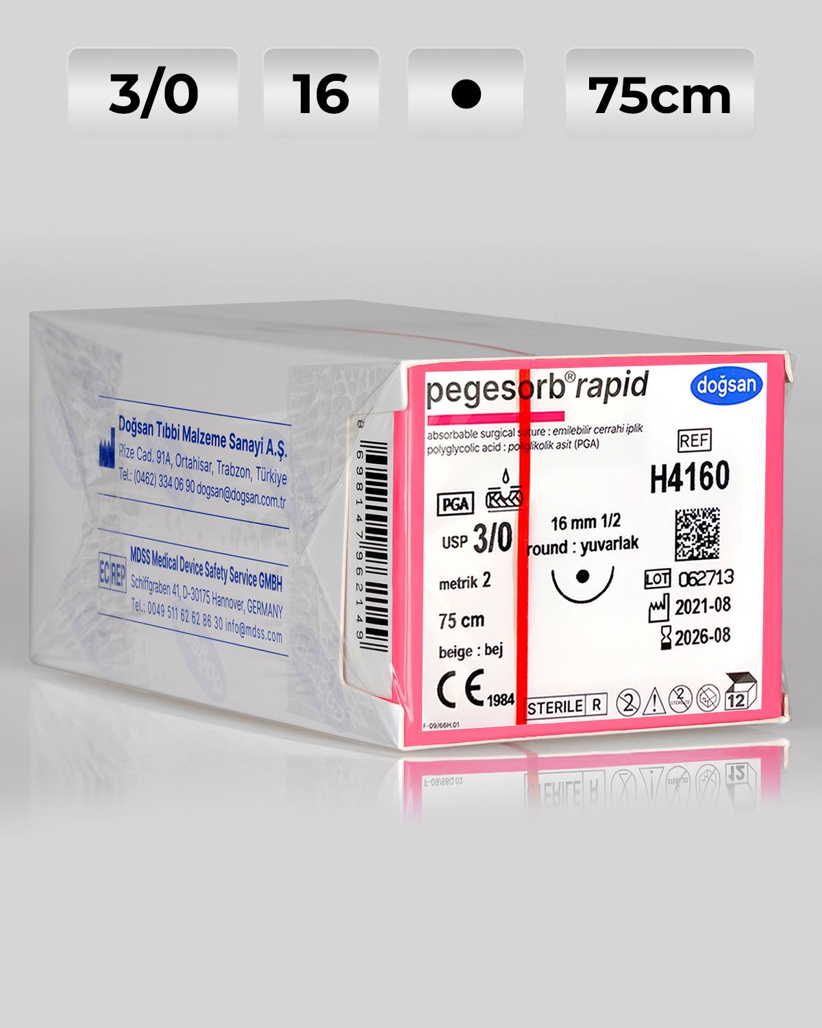 H4160 DOĞSAN Pegesorb Rapid 3/0 16 1/2 Yuvarlak (●) 75cm PGLA Emilebilir Sütür 12 Ad./Pkt