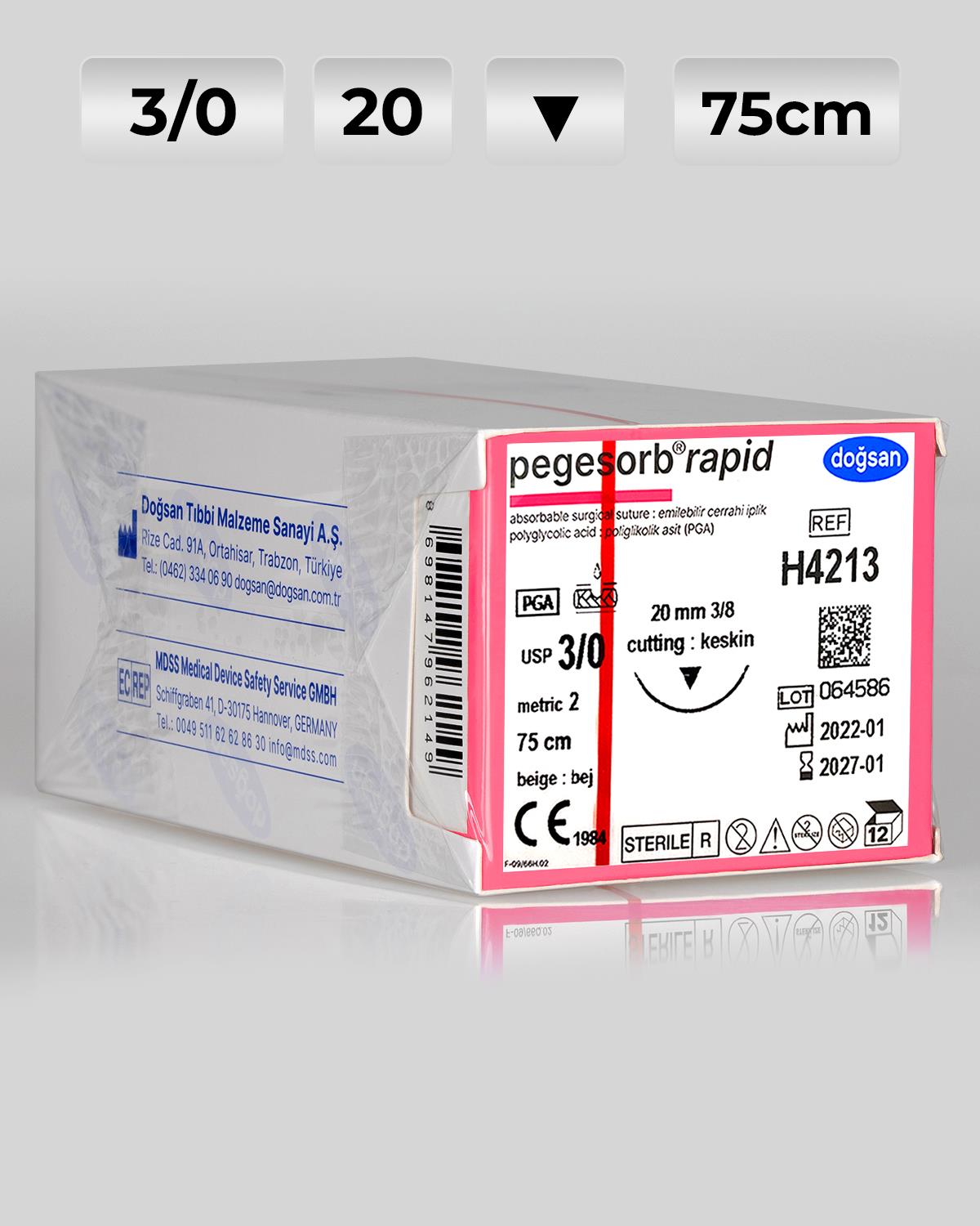 H4213 DOĞSAN Pegesorb Rapid 3/0 20 3/8 Keskin (▼) 75cm PGLA Emilebilir Sütür 12 Ad./Pkt