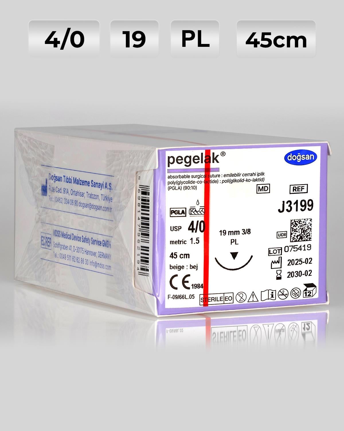 J3199 DOĞSAN Pegelak 4/0 19 3/8 PL 45cm PGLA Emilebilir Sütür 12 Ad./Pkt