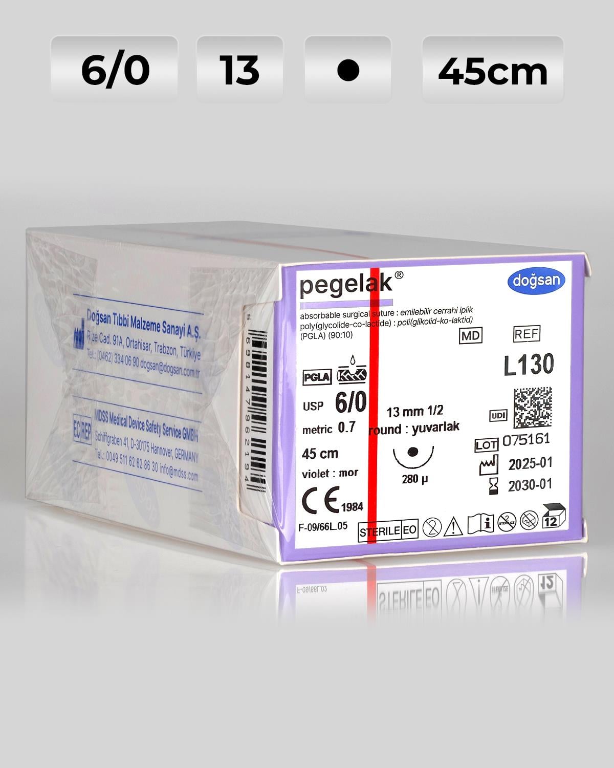 L130 DOĞSAN Pegelak 6/0 13 1/2 Yuvarlak (●) 45cm PGLA Emilebilir Sütür 12 Ad./Pkt